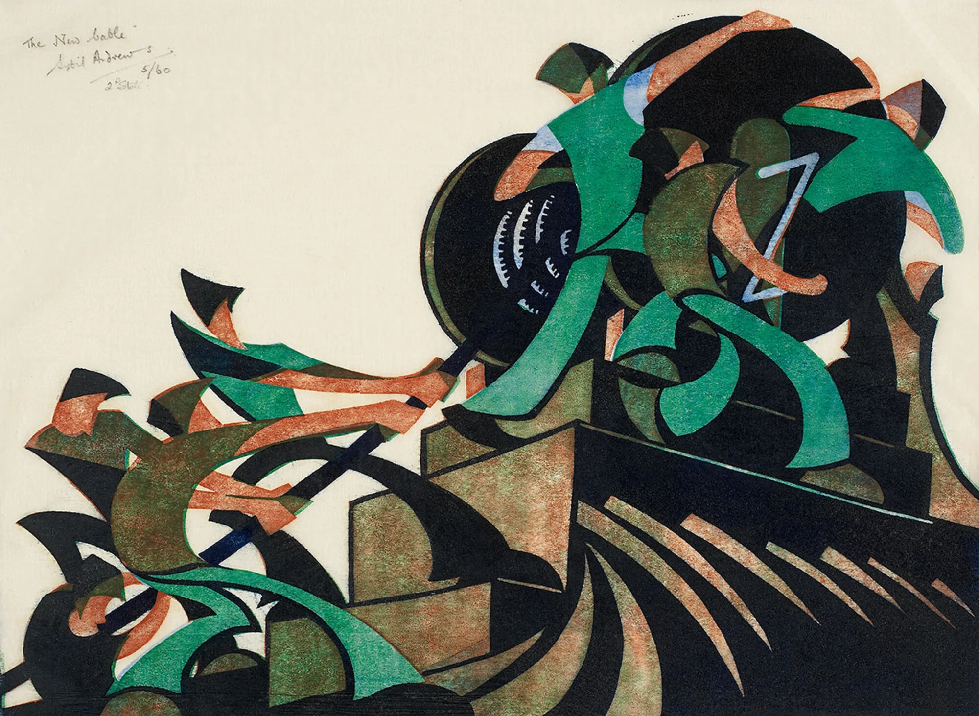 LLM-created description verified by Art: A dynamic, stylized print of three muscular workers, rendered in reddish-brown, hauling a thick, massive cable. Their bodies are bent in unison along a strong diagonal line, conveying a powerful sense of rhythmic, collective labor.